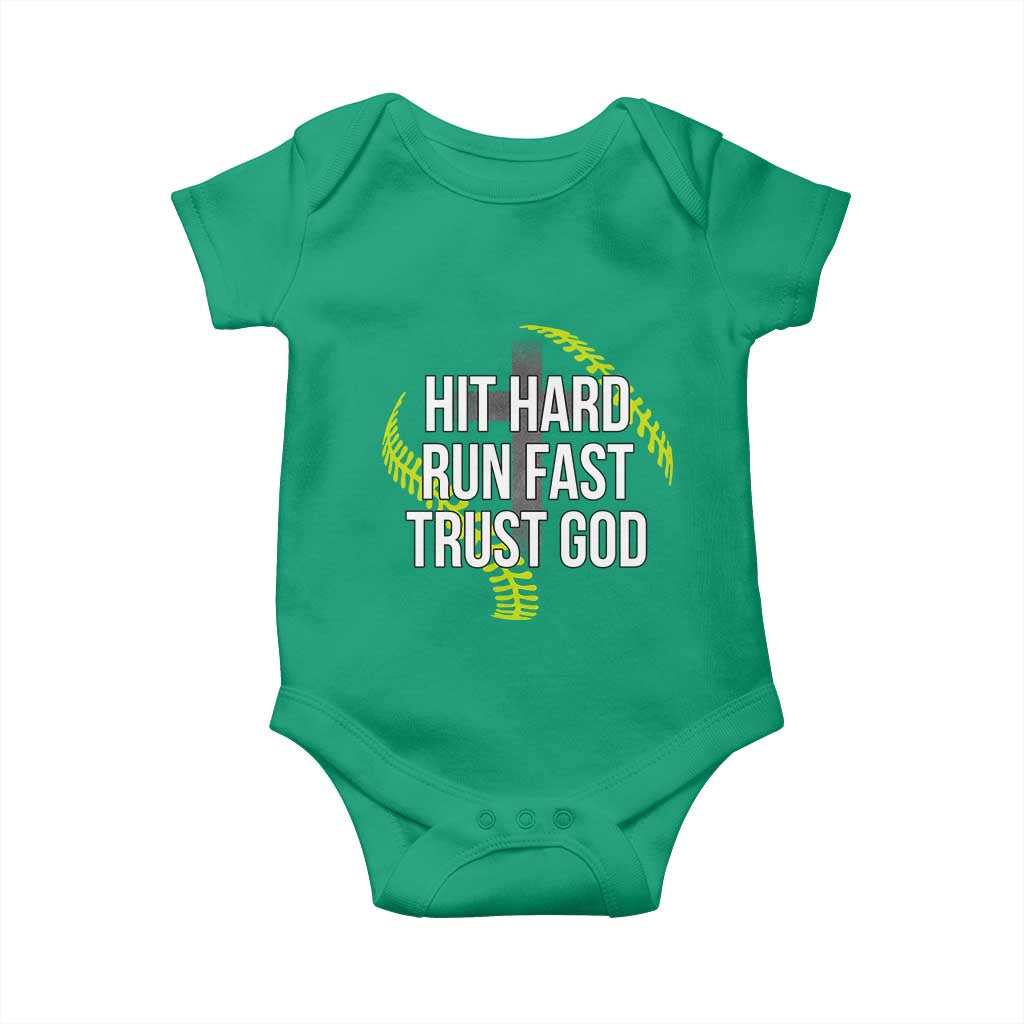 Hit Hard Run Fast Trust God Christian Softball Baby Onesie TS11 Irish Green Print Your Wear