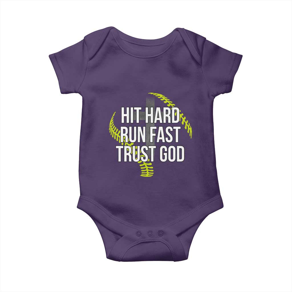 Hit Hard Run Fast Trust God Christian Softball Baby Onesie TS11 Purple Print Your Wear