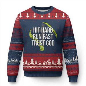 Hit Hard Run Fast Trust God Christian Softball Ugly Christmas Sweater TS11 Navy Red Print Your Wear