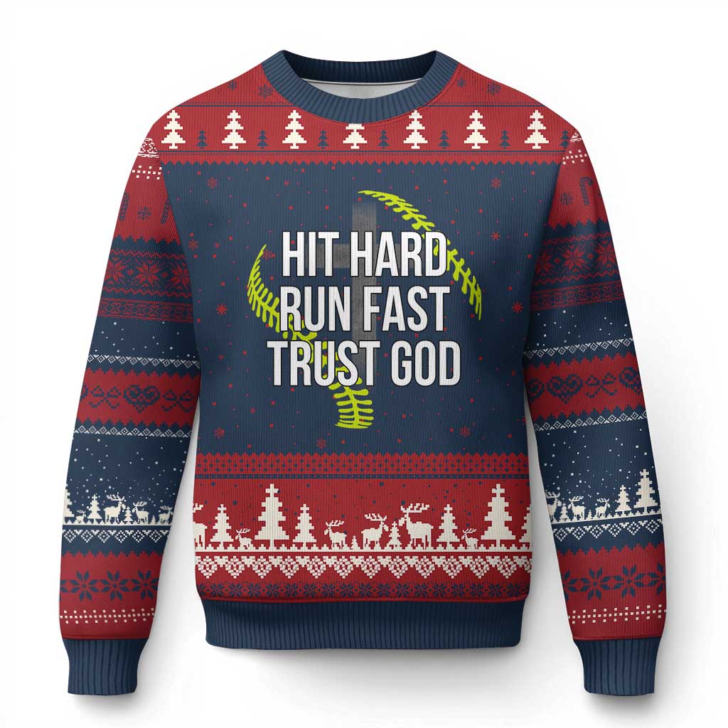 Hit Hard Run Fast Trust God Christian Softball Ugly Christmas Sweater TS11 Navy Red Print Your Wear