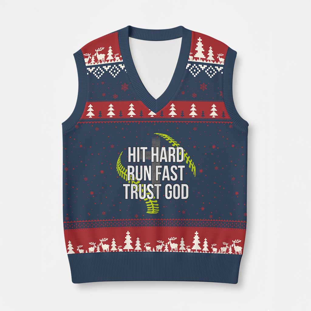 Hit Hard Run Fast Trust God Christian Softball V-Neck Knit Sweater Vest TS11 Navy Red Print Your Wear