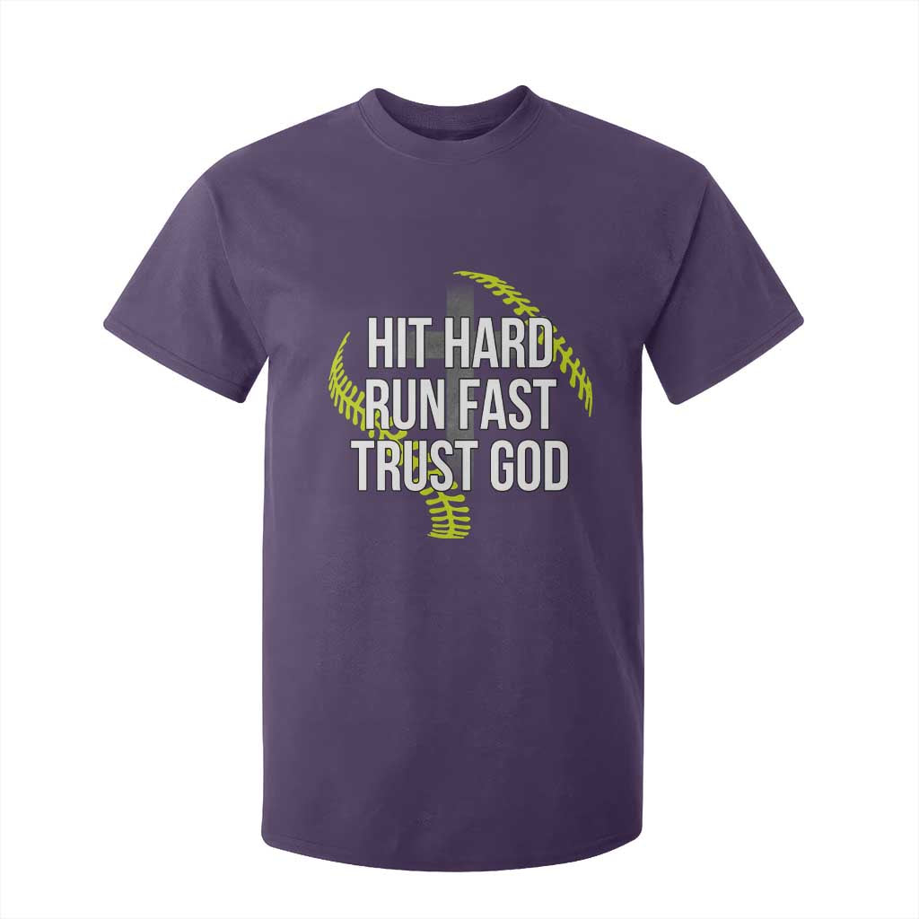 Hit Hard Run Fast Trust God Christian Softball T Shirt For Kid TS11 Purple Print Your Wear