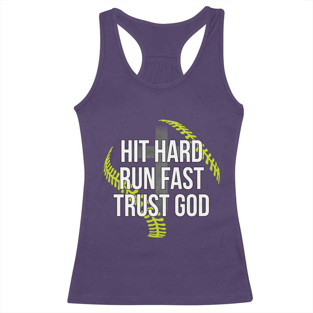 Hit Hard Run Fast Trust God Christian Softball Racerback Tank Top TS11 Purple Print Your Wear