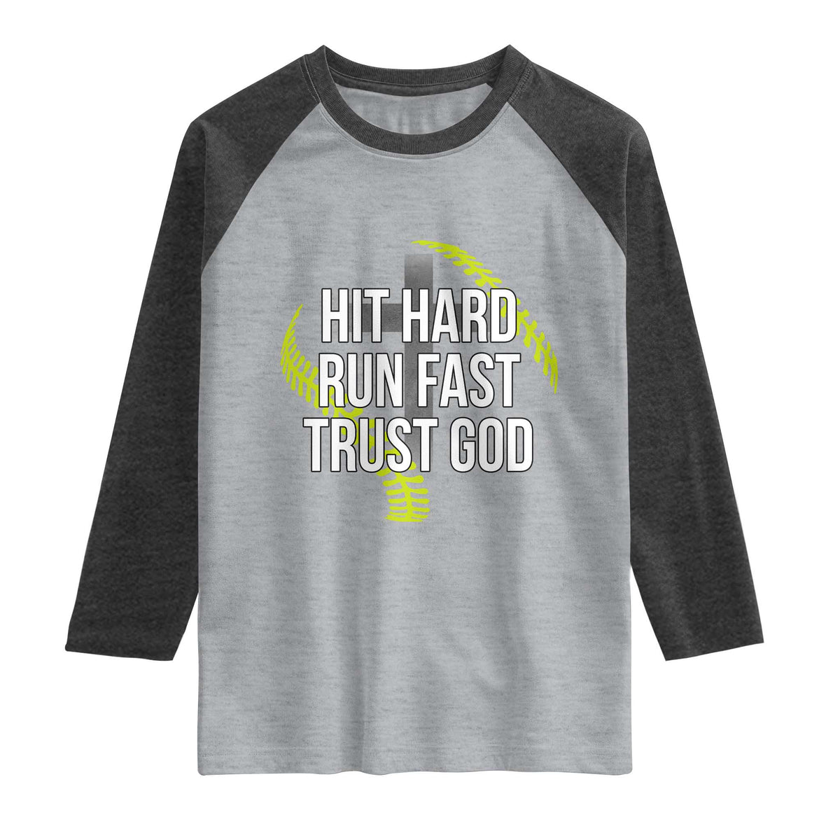 Hit Hard Run Fast Trust God Christian Softball Raglan Shirt TS11 Heather Gray Heather Charcoal Print Your Wear