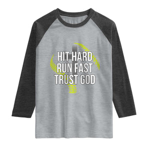 Hit Hard Run Fast Trust God Christian Softball Raglan Shirt TS11 Heather Gray Heather Charcoal Print Your Wear