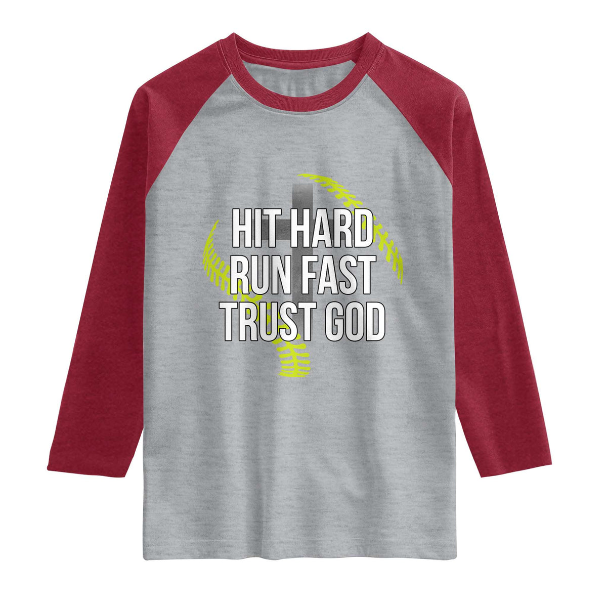 Hit Hard Run Fast Trust God Christian Softball Raglan Shirt TS11 Heather Gray Heather Red Print Your Wear