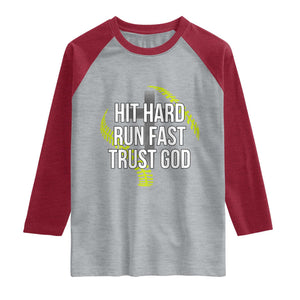 Hit Hard Run Fast Trust God Christian Softball Raglan Shirt TS11 Heather Gray Heather Red Print Your Wear