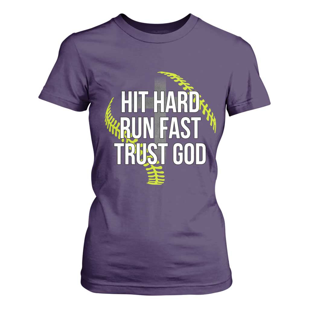 Hit Hard Run Fast Trust God Christian Softball T Shirt For Women TS11 Purple Print Your Wear