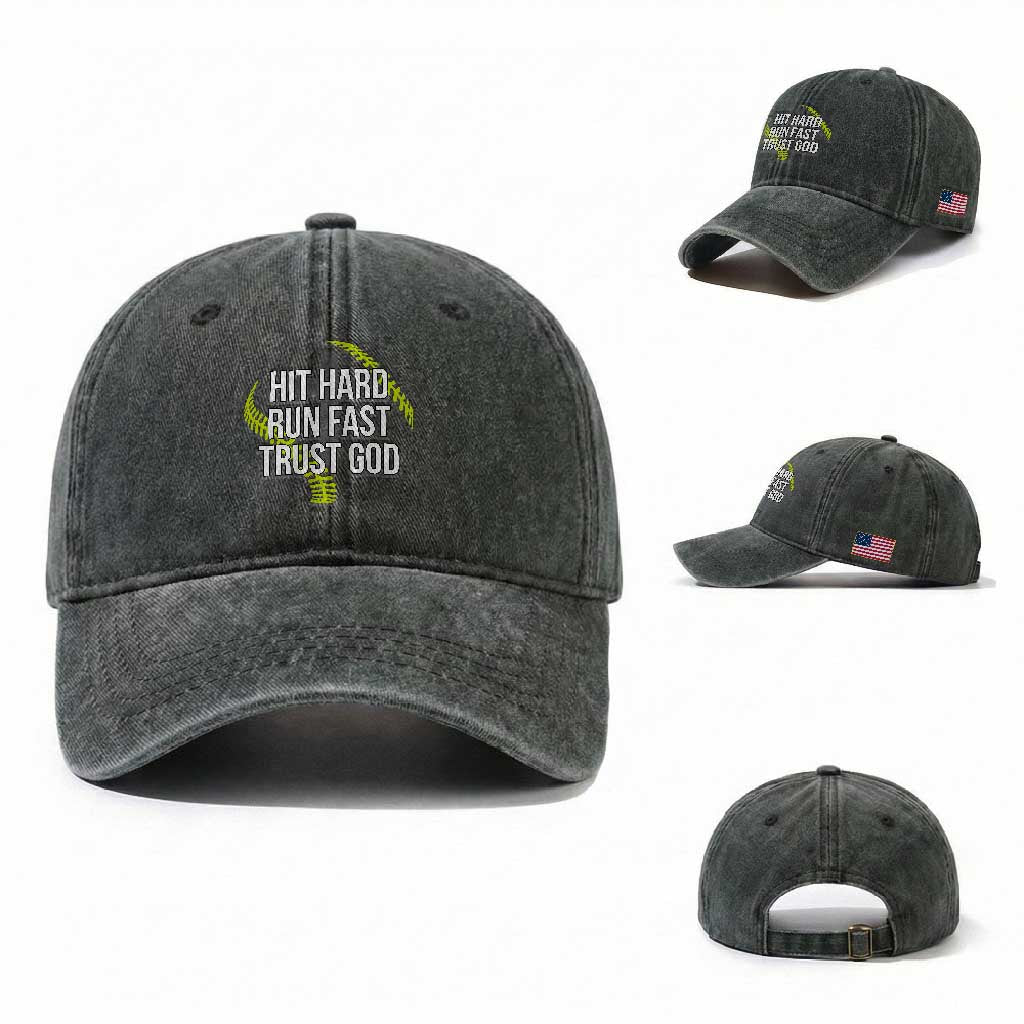 Hit Hard Run Fast Trust God Christian Softball Washed Cotton Baseball Cap TS11 Washed Cap Universal Fit Dark Green Print Your Wear