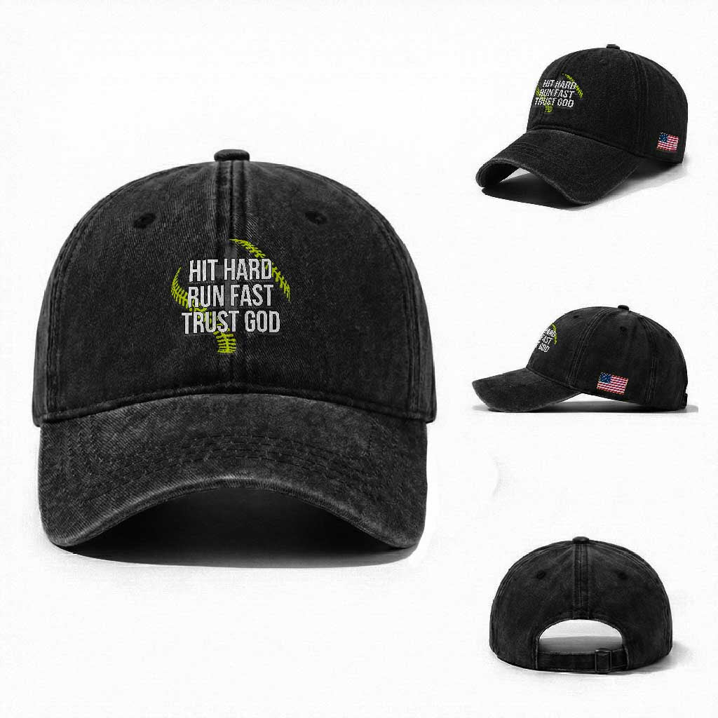 Hit Hard Run Fast Trust God Christian Softball Washed Cotton Baseball Cap TS11 Washed Cap Universal Fit Black Print Your Wear