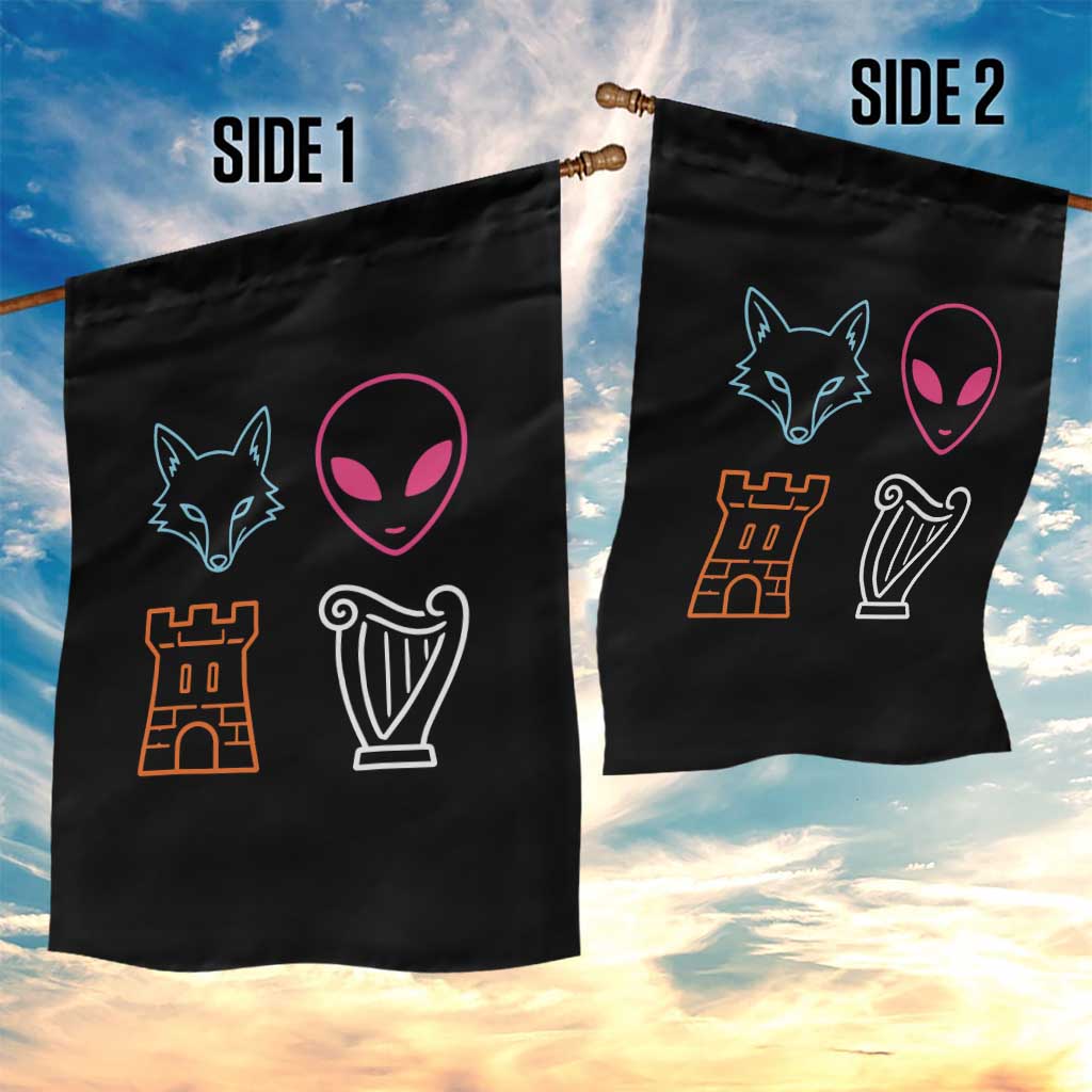Fox Alien Castle Harp Retro Garden Flag San Antonio Texas Sports