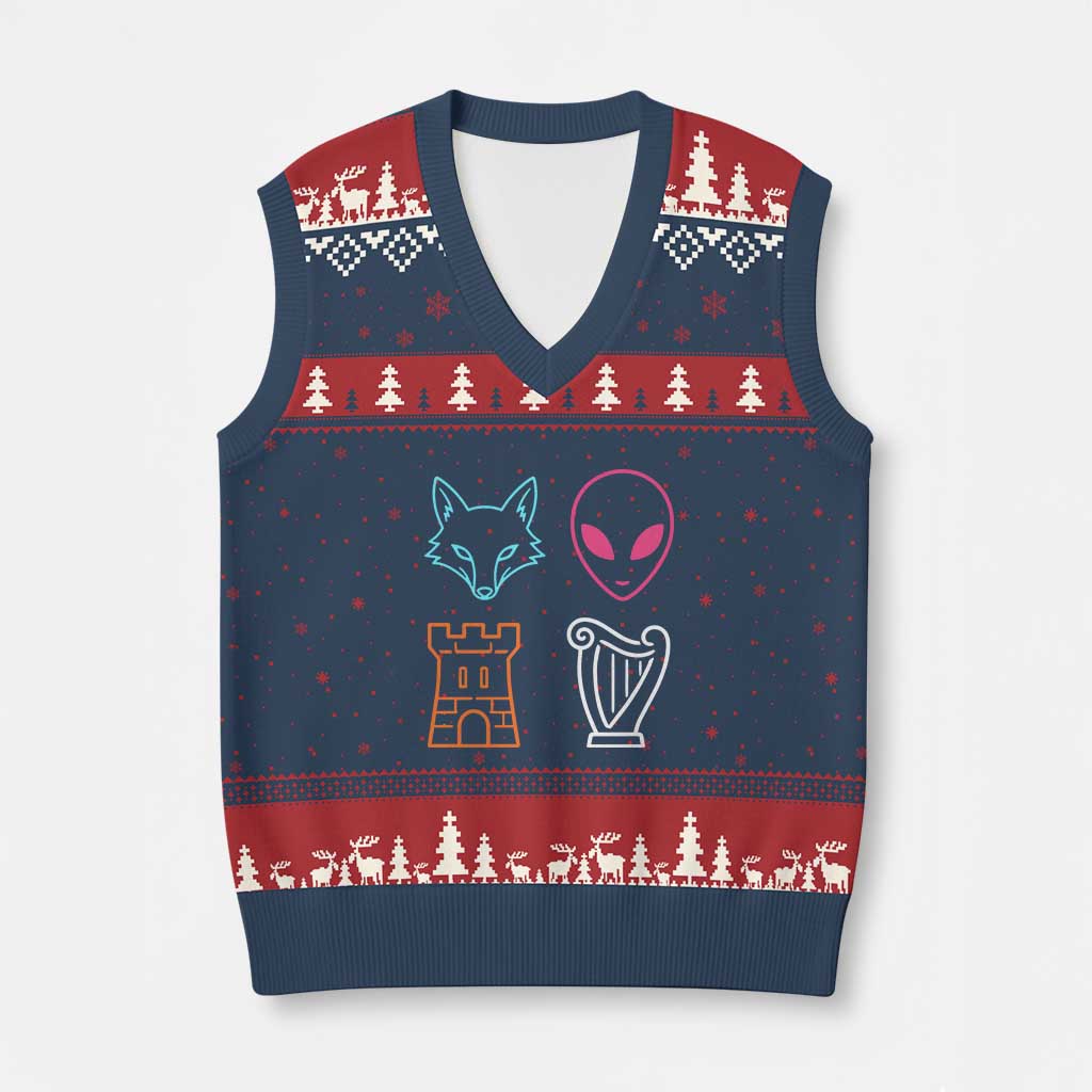 Fox Alien Castle Harp Retro V-Neck Knit Sweater Vest San Antonio Texas Sports