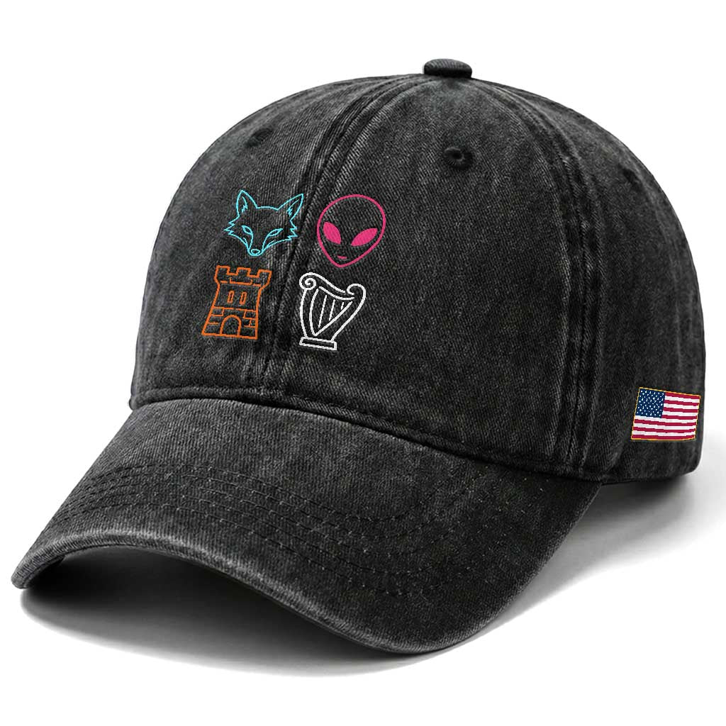 Fox Alien Castle Harp Retro Washed Cotton Baseball Cap San Antonio Texas Sports