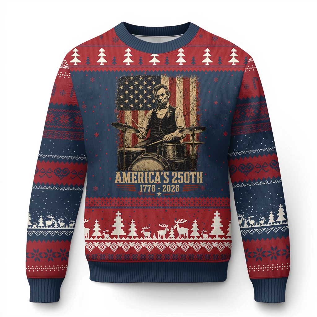 America's 250th Abraham Lincoln Playing Guitar 1776 2026 Ugly Christmas Sweater Funny Electric Guitar Player