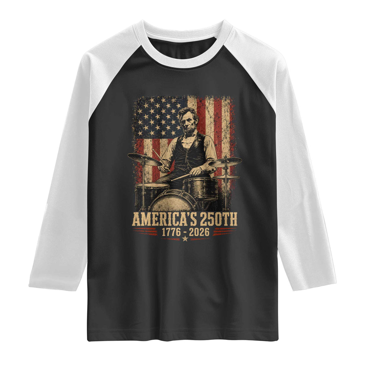 America's 250th Abraham Lincoln Playing Guitar 1776 2026 Raglan Shirt Funny Electric Guitar Player