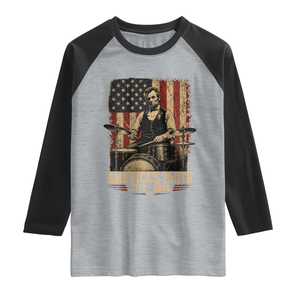 America's 250th Abraham Lincoln Playing Guitar 1776 2026 Raglan Shirt Funny Electric Guitar Player