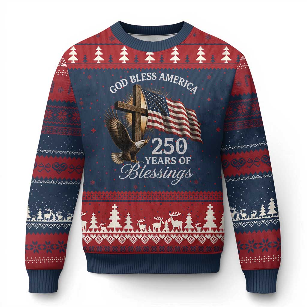 God Bless America 250 Years Of Blessings Ugly Christmas Sweater US 250th Anniversary Bald Eagle American Flag