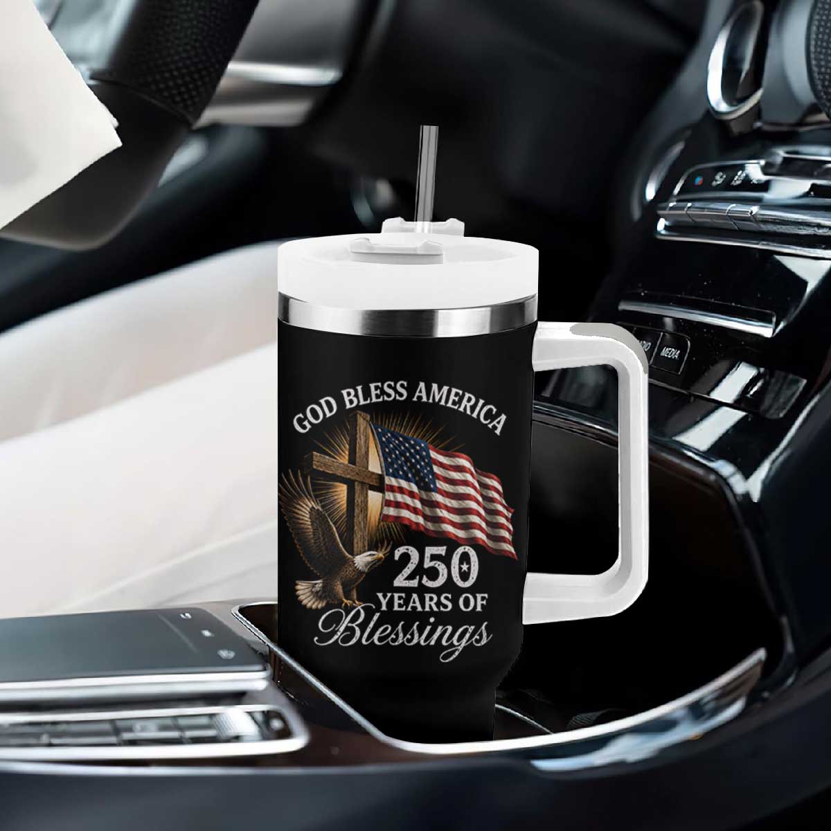 God Bless America 250 Years Of Blessings Tumbler With Handle US 250th Anniversary Bald Eagle American Flag