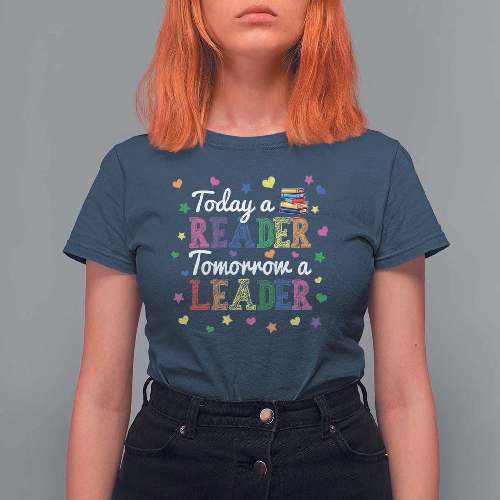 Literature Book Reading T Shirt For Women Today A Reader Tomorrow A Leader TS11 Navy Print Your Wear