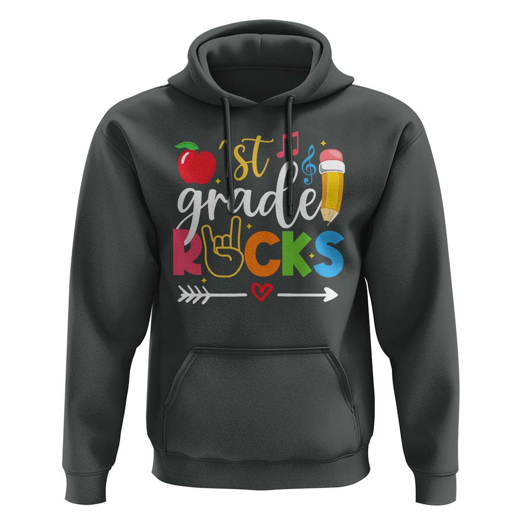 First Grade Rocks Hoodie Back To School Pencil TS11 Dark Heather Print Your Wear