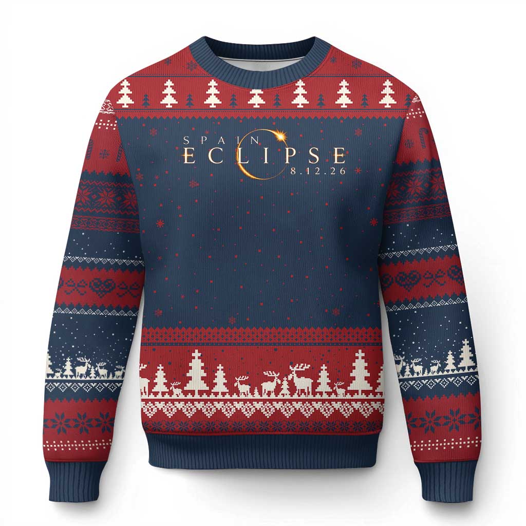 Spain Solar Eclipse 2026 Ugly Christmas Sweater August 12 2026 Total Eclipse TS11 Navy Red Print Your Wear