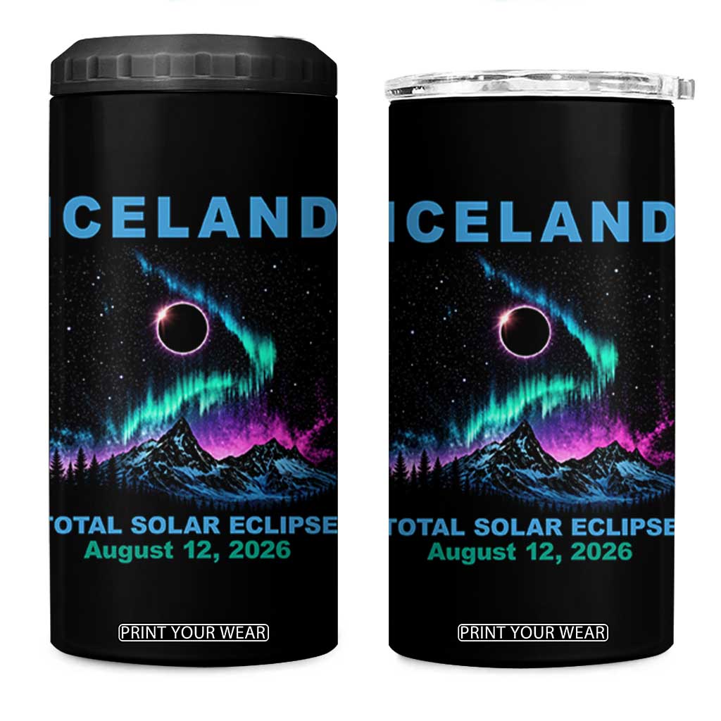 Iceland Total Solar Eclipse 2026 4 in 1 Can Cooler Tumbler August 12 Eclipse Totality Chaser Aurora Northern Lights TS11 One Size: 16 oz Black Print Your Wear