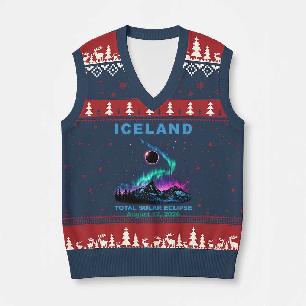 Iceland Total Solar Eclipse 2026 V-Neck Knit Sweater Vest August 12 Eclipse Totality Chaser Aurora Northern Lights