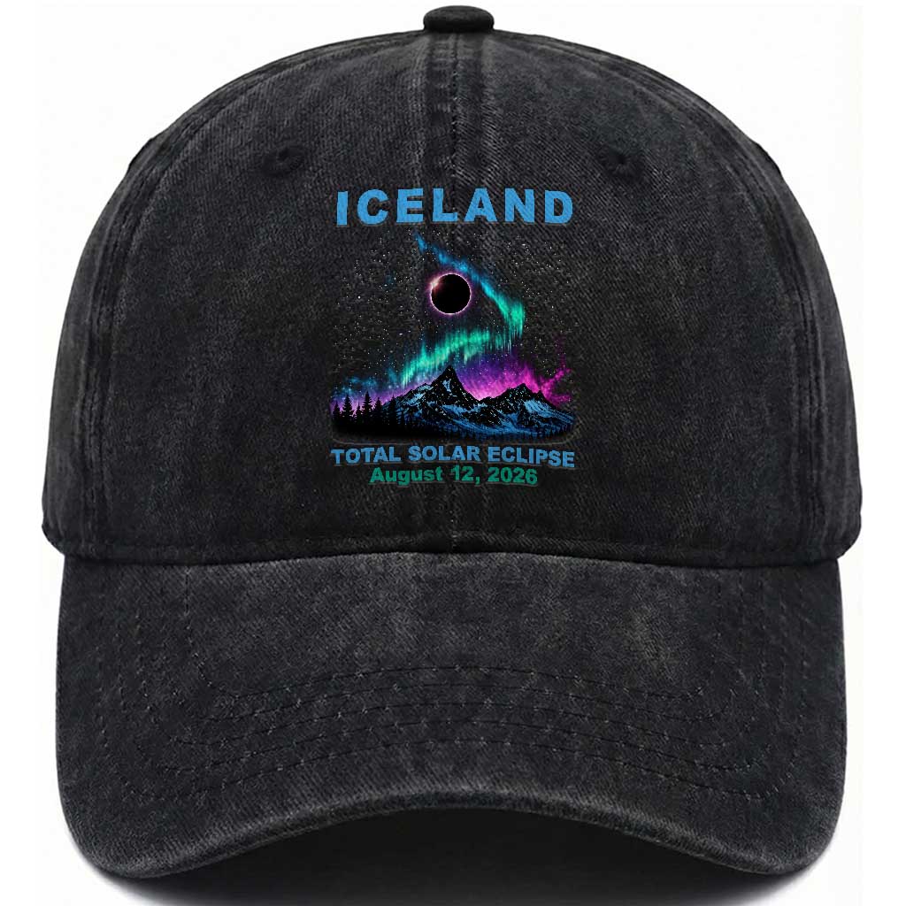 Iceland Total Solar Eclipse 2026 Washed Cotton Baseball Cap August 12 Eclipse Totality Chaser Aurora Northern Lights TS11 Print Your Wear