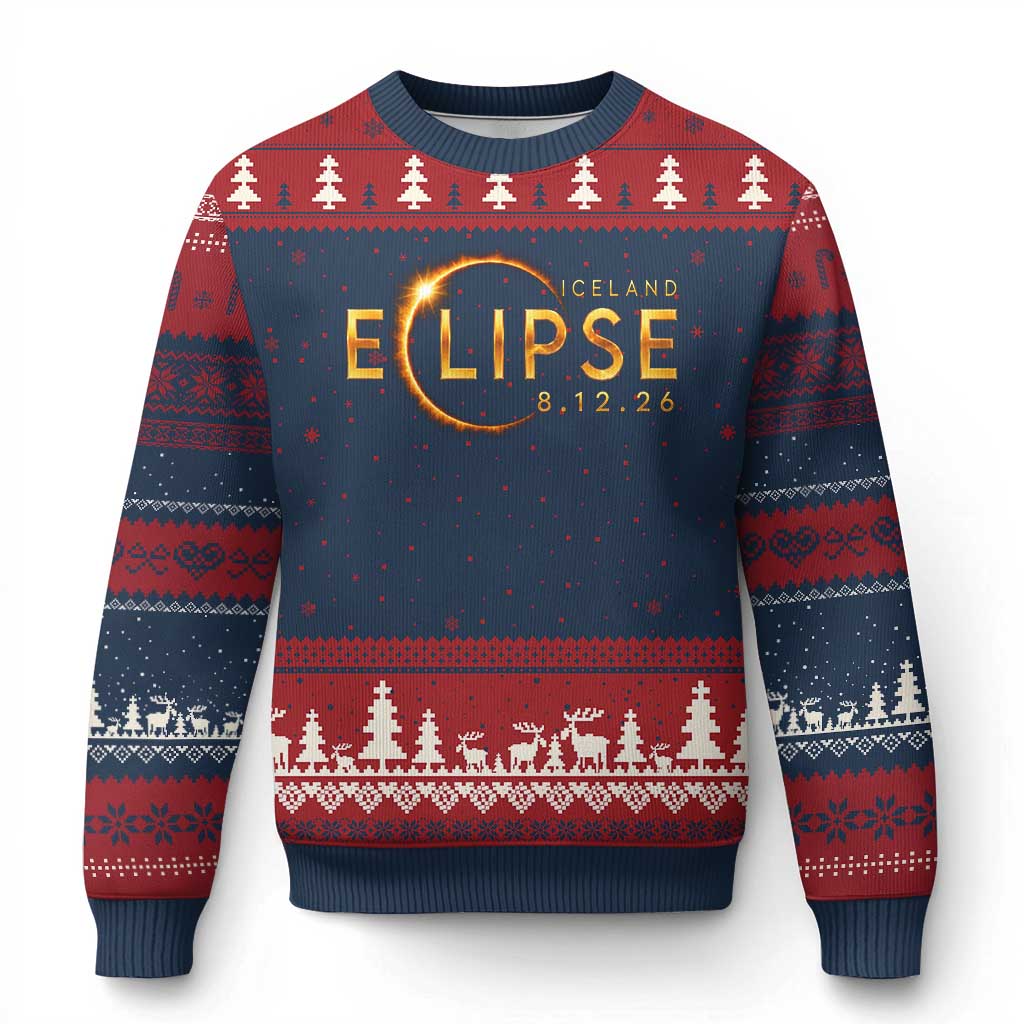 Iceland Eclipse 2026 Ugly Christmas Sweater August 12 26 Solar Eclipse Totality TS11 Navy Red Print Your Wear