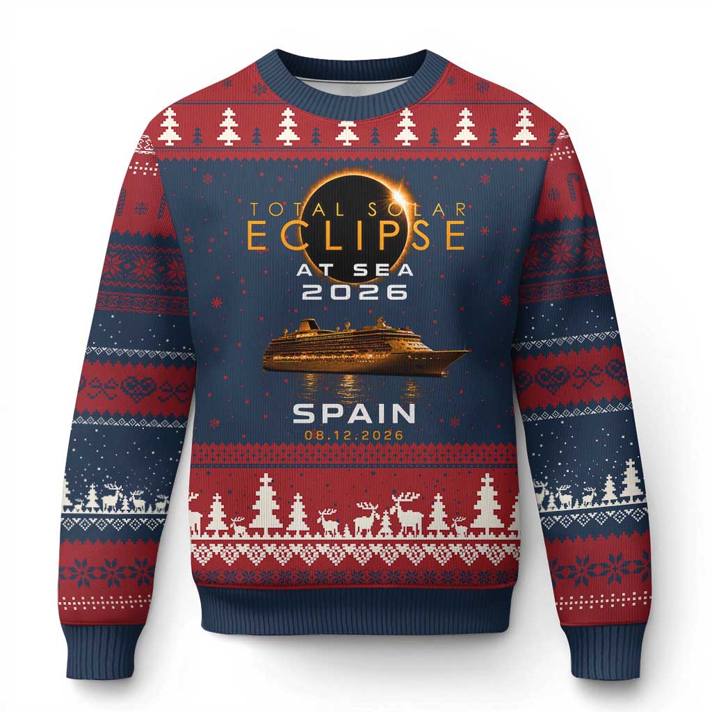 Spain Total Solar Eclipse 2026 At Sea Cruise Ugly Christmas Sweater TS11 Navy Red Print Your Wear