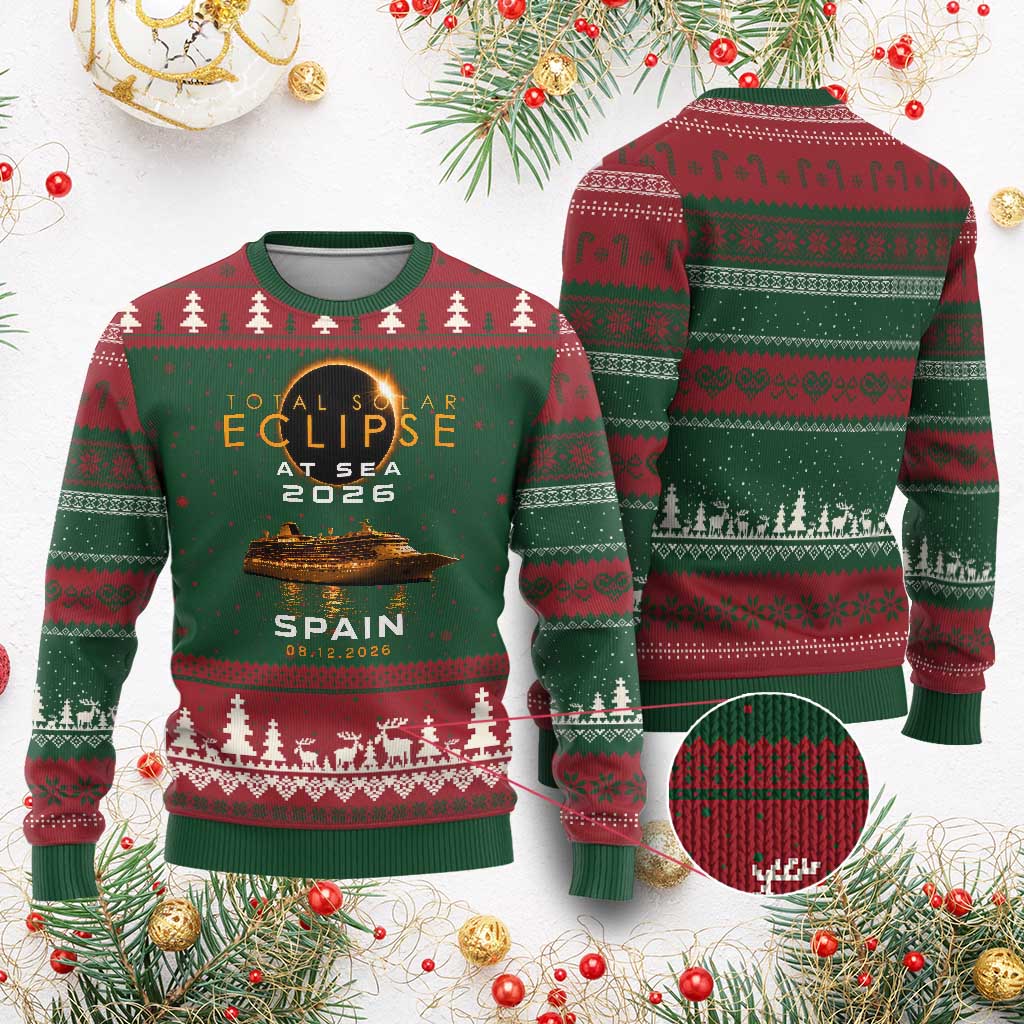 Spain Total Solar Eclipse 2026 At Sea Cruise Ugly Christmas Sweater