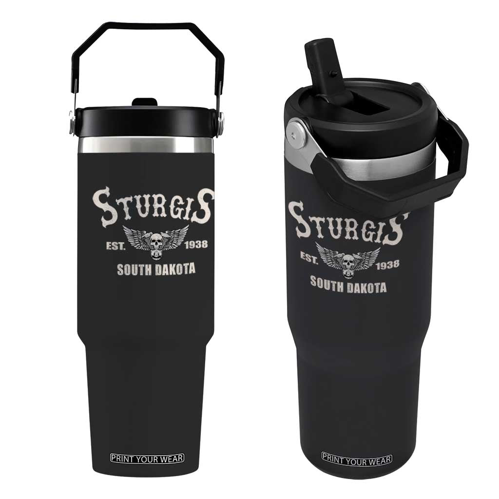 Sturgis South Dakota Est 1938 Motorcycle Biker Skull Flip Straw Tumbler