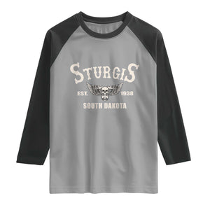 Sturgis South Dakota Est 1938 Motorcycle Biker Skull Raglan Shirt