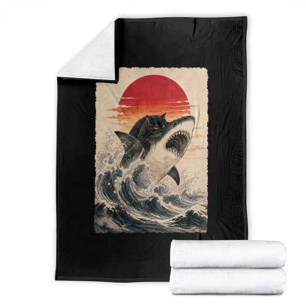 Black Cat Hunting Shark Ukiyo e Ocean Art Throw Blanket Funny Japanese Style Graphic TS11 Black Print Your Wear