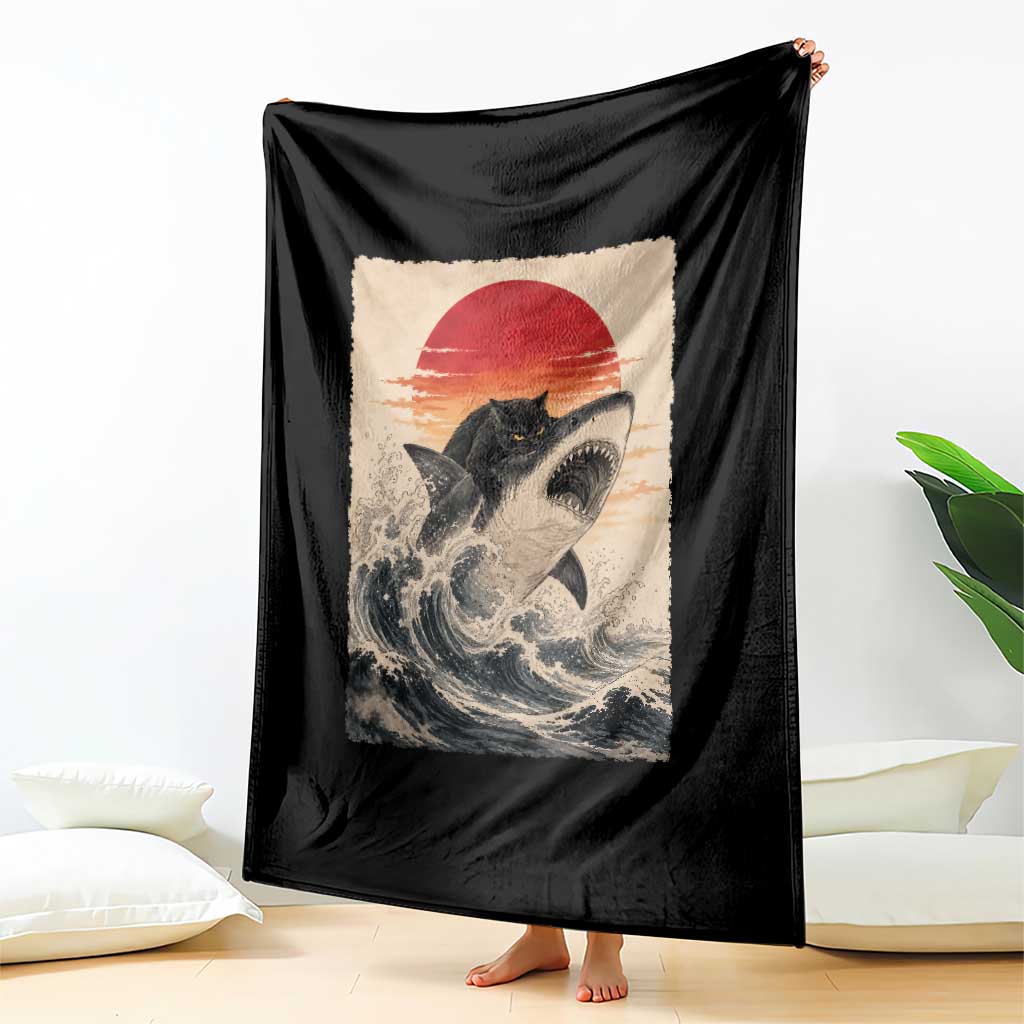 Black Cat Hunting Shark Ukiyo e Ocean Art Throw Blanket Funny Japanese Style Graphic TS11 Print Your Wear