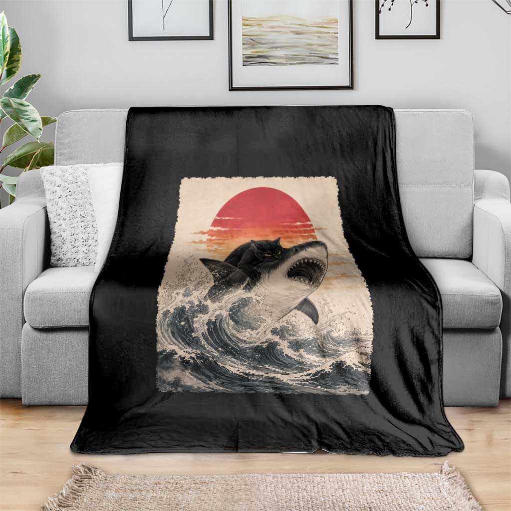 Black Cat Hunting Shark Ukiyo e Ocean Art Throw Blanket Funny Japanese Style Graphic TS11 Print Your Wear