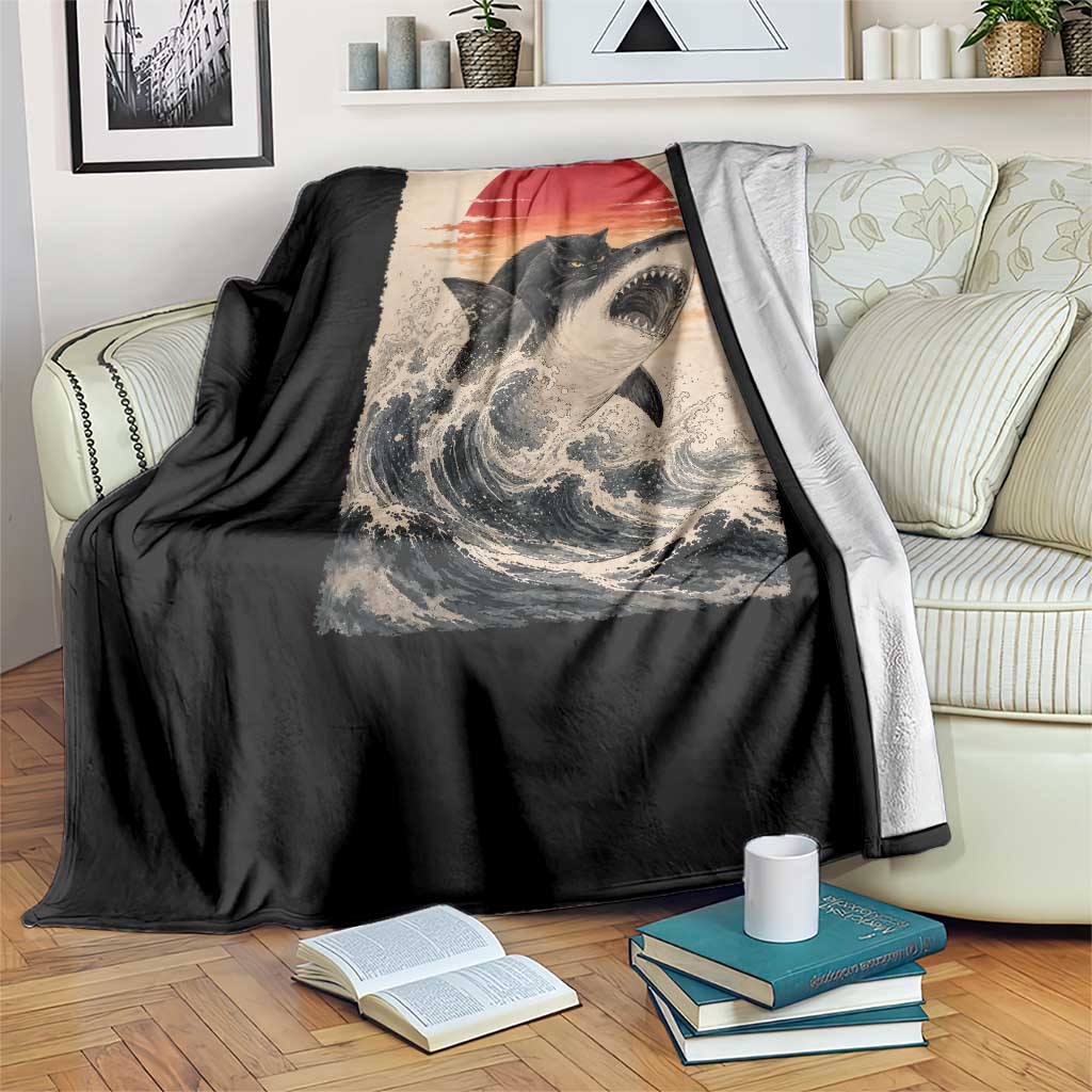 Black Cat Hunting Shark Ukiyo e Ocean Art Throw Blanket Funny Japanese Style Graphic TS11 Print Your Wear