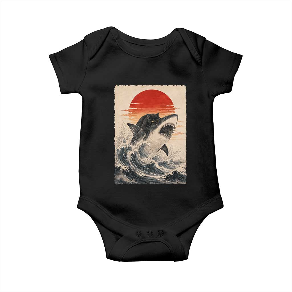 Black Cat Hunting Shark Ukiyo e Ocean Art Baby Onesie Funny Japanese Style Graphic TS11 Black Print Your Wear