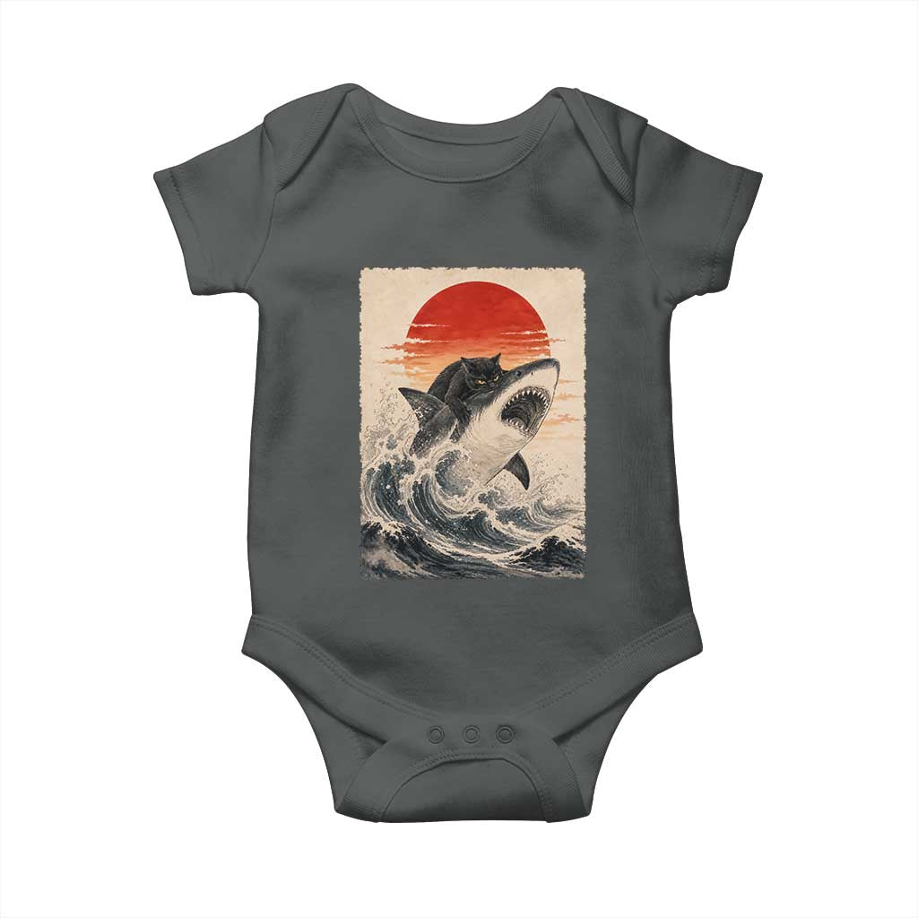 Black Cat Hunting Shark Ukiyo e Ocean Art Baby Onesie Funny Japanese Style Graphic TS11 Dark Heather Print Your Wear