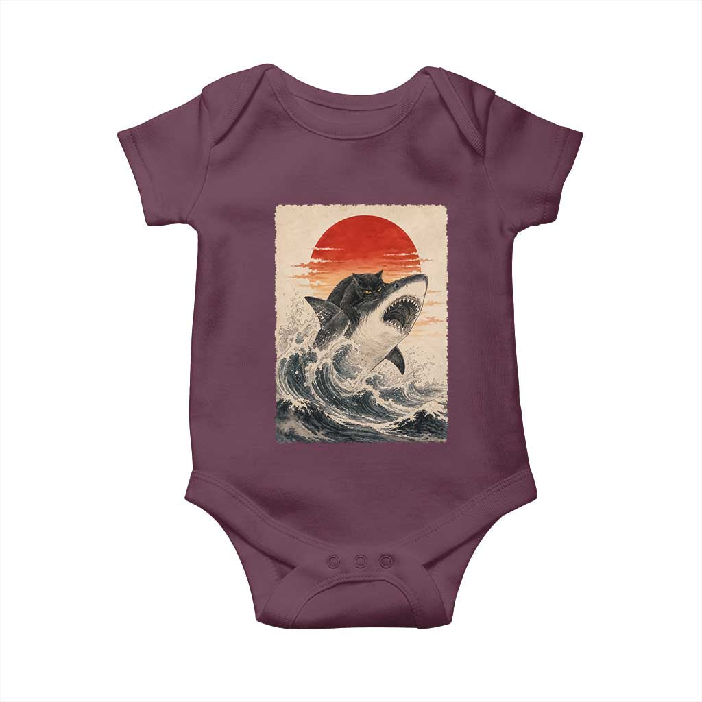 Black Cat Hunting Shark Ukiyo e Ocean Art Baby Onesie Funny Japanese Style Graphic TS11 Maroon Print Your Wear