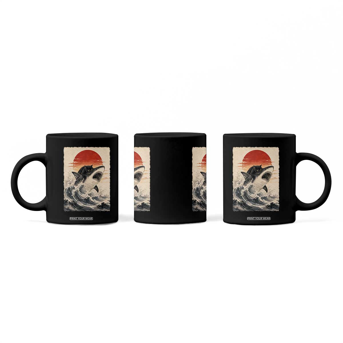 Black Cat Hunting Shark Ukiyo e Ocean Art Coffee Mug Funny Japanese Style Graphic TS11 Print Your Wear