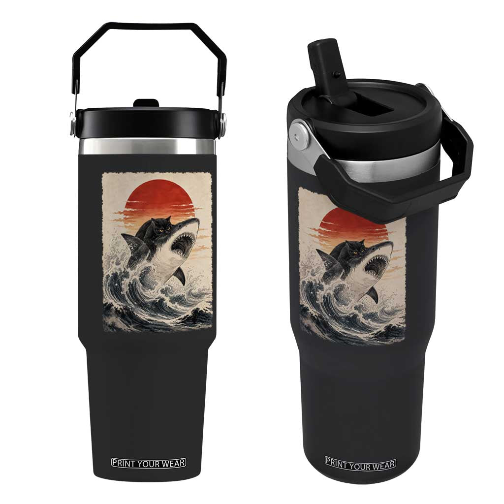 Black Cat Hunting Shark Ukiyo e Ocean Art Flip Straw Tumbler Funny Japanese Style Graphic TS11 One Size: 30 oz Black Print Your Wear