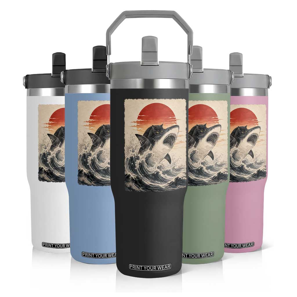 Black Cat Hunting Shark Ukiyo e Ocean Art Flip Straw Tumbler Funny Japanese Style Graphic TS11 Print Your Wear