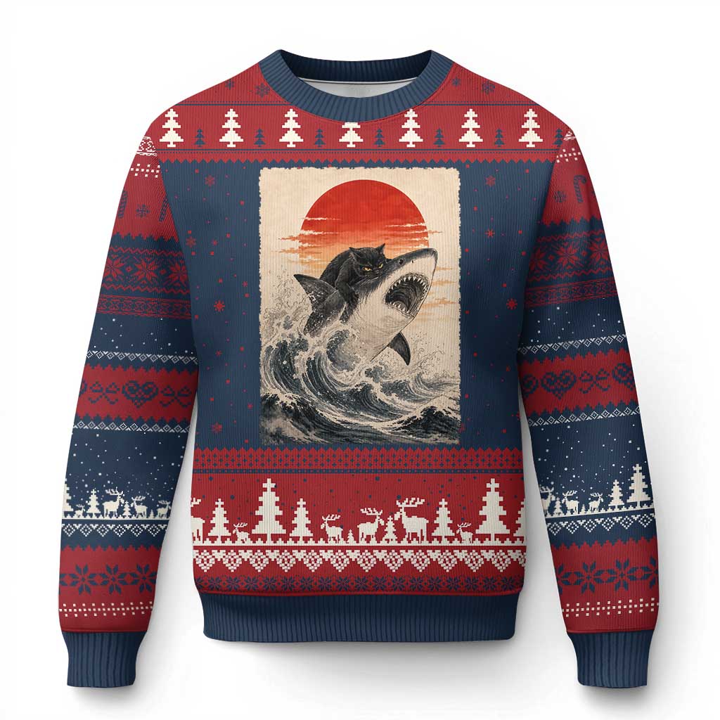 Black Cat Hunting Shark Ukiyo e Ocean Art Ugly Christmas Sweater Funny Japanese Style Graphic TS11 Navy Red Print Your Wear