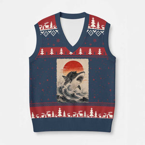 Black Cat Hunting Shark Ukiyo e Ocean Art V-Neck Knit Sweater Vest Funny Japanese Style Graphic TS11 Navy Red Print Your Wear