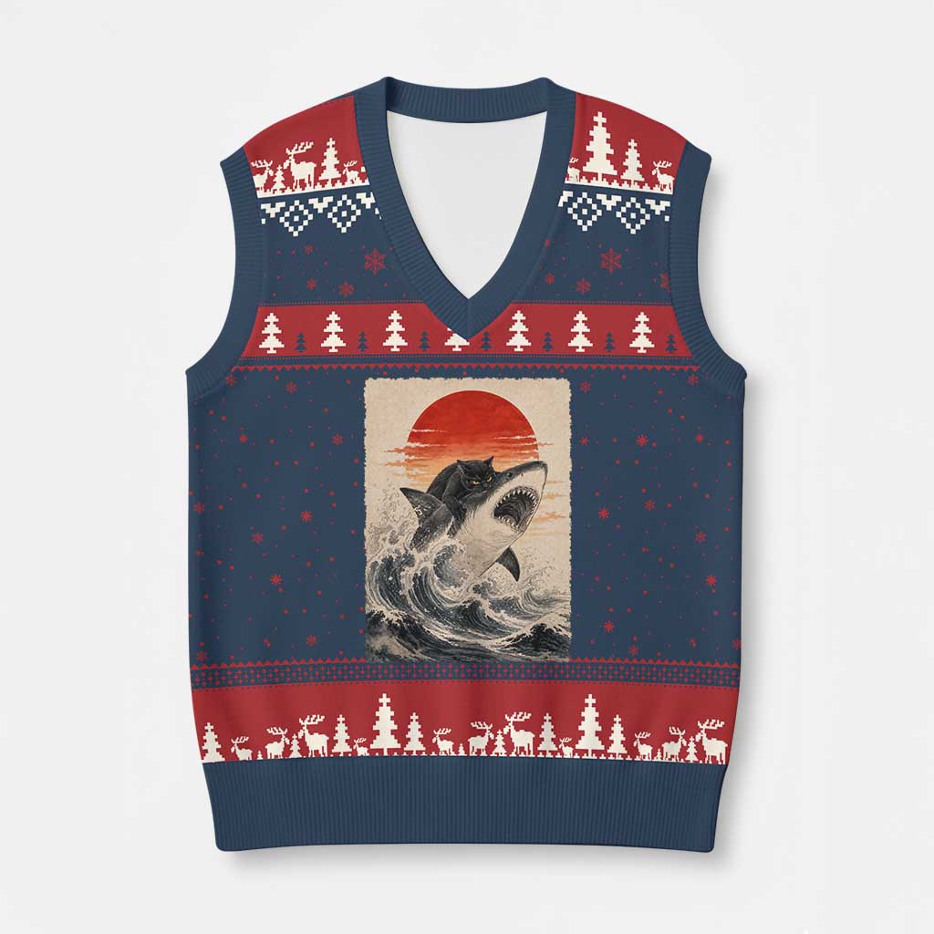Black Cat Hunting Shark Ukiyo e Ocean Art V-Neck Knit Sweater Vest Funny Japanese Style Graphic TS11 Navy Red Print Your Wear