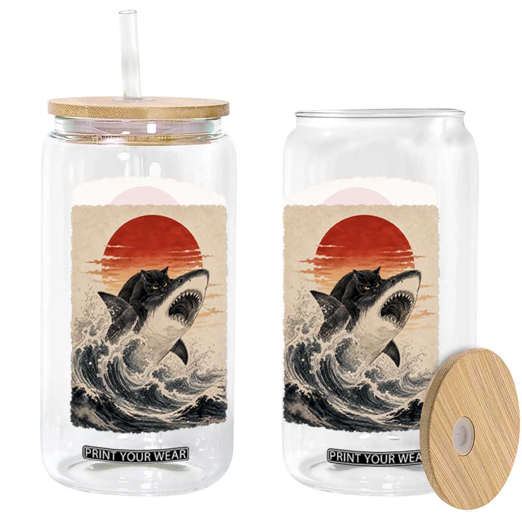Black Cat Hunting Shark Ukiyo e Ocean Art Glass Can Funny Japanese Style Graphic TS11 Print Your Wear
