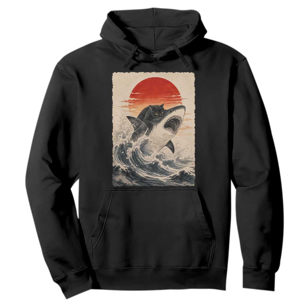 Black Cat Hunting Shark Ukiyo e Ocean Art Hoodie Funny Japanese Style Graphic TS11 Black Print Your Wear