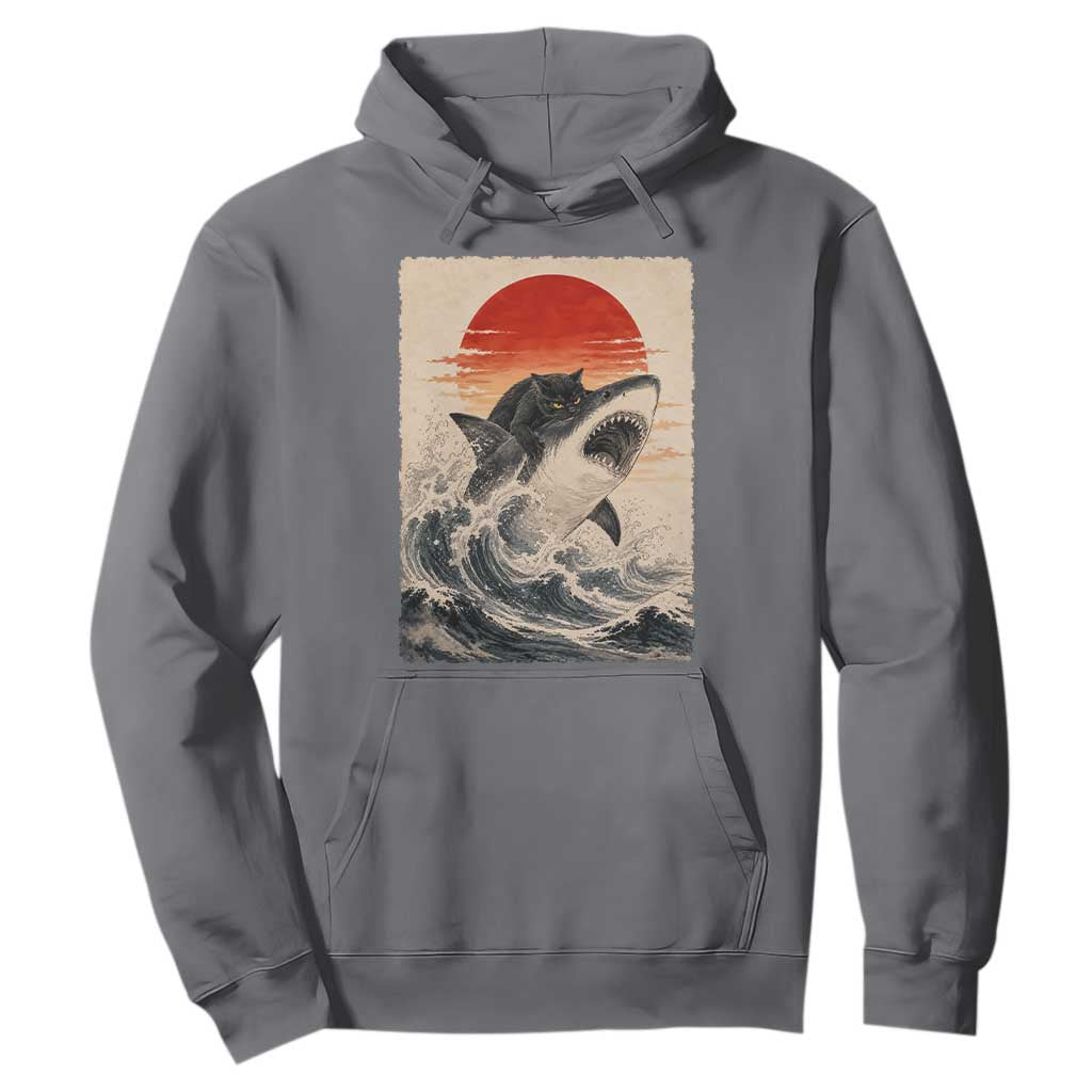 Black Cat Hunting Shark Ukiyo e Ocean Art Hoodie Funny Japanese Style Graphic TS11 Charcoal Print Your Wear