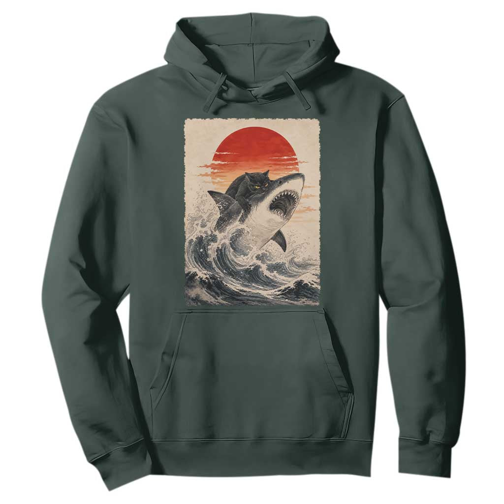 Black Cat Hunting Shark Ukiyo e Ocean Art Hoodie Funny Japanese Style Graphic TS11 Dark Forest Green Print Your Wear